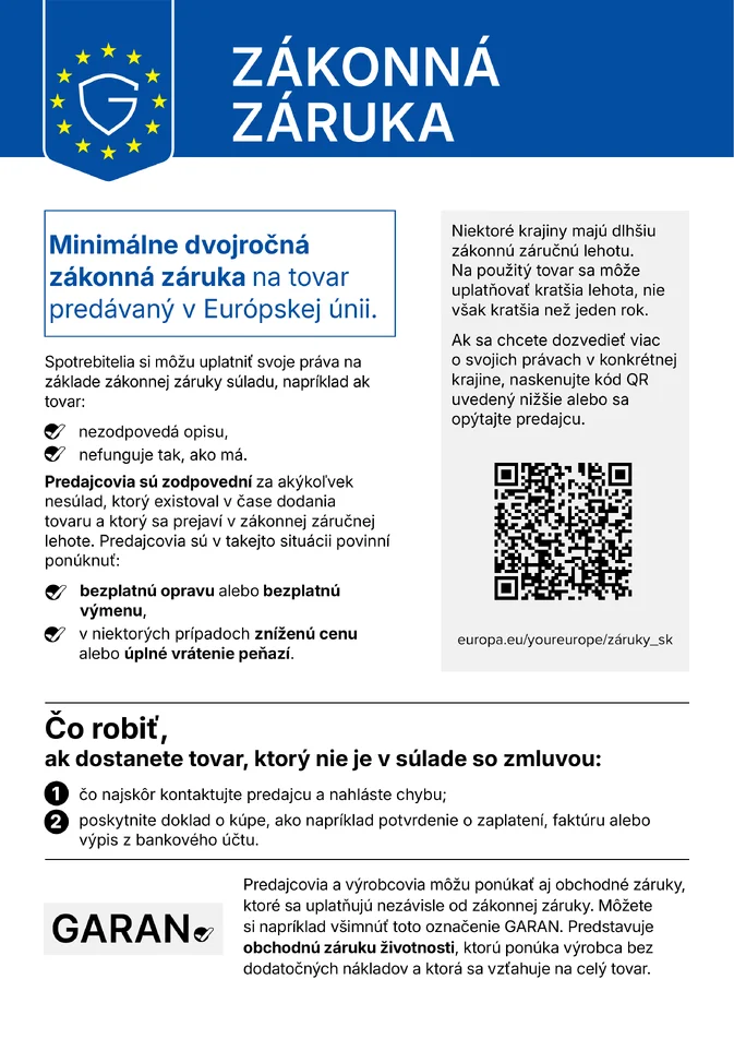 Oficiálne oznámenie EÚ o zákonnej dvojročnej záruke na tovar predávaný v Európskej únii.